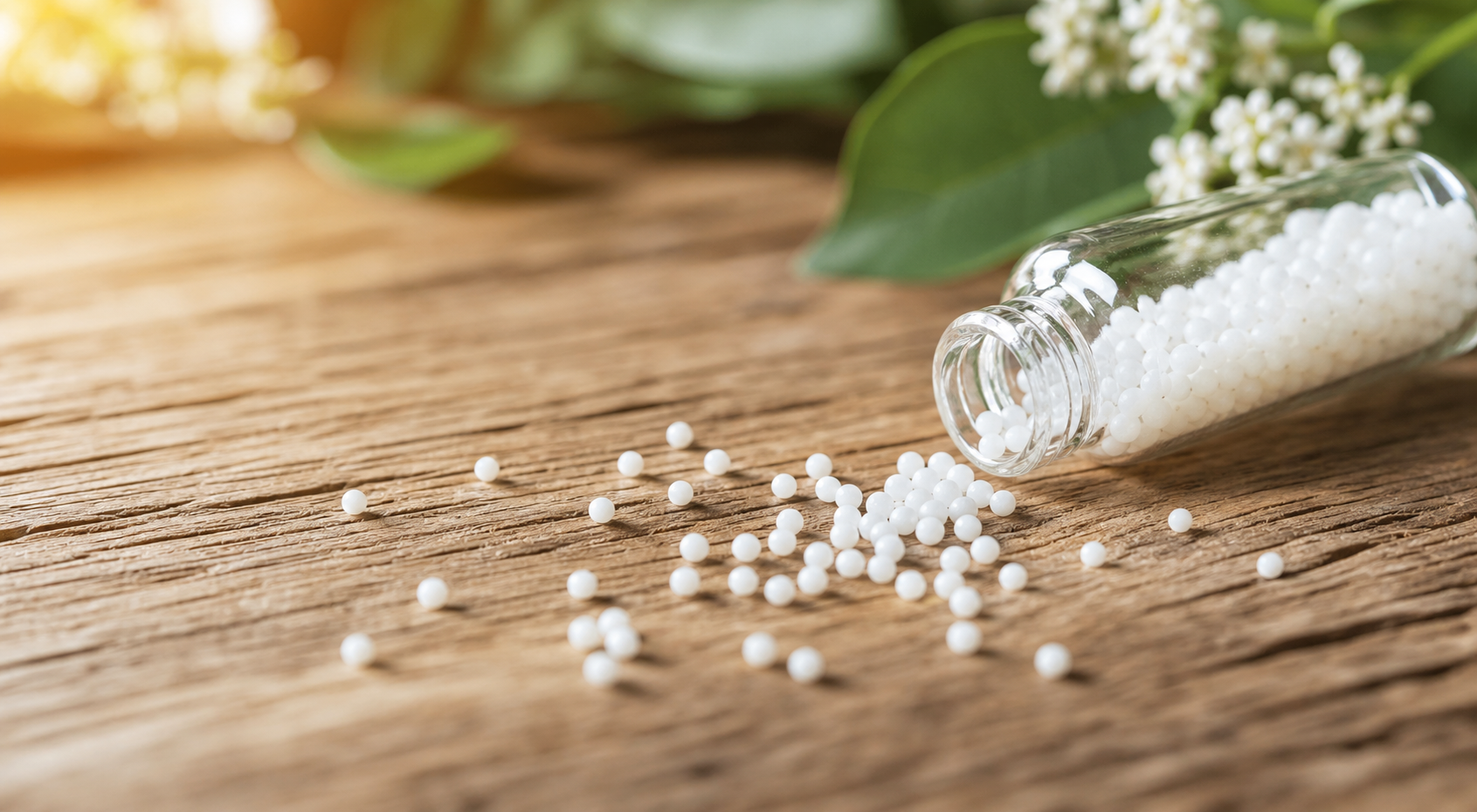 Homöopathie - Globuli auf Holz